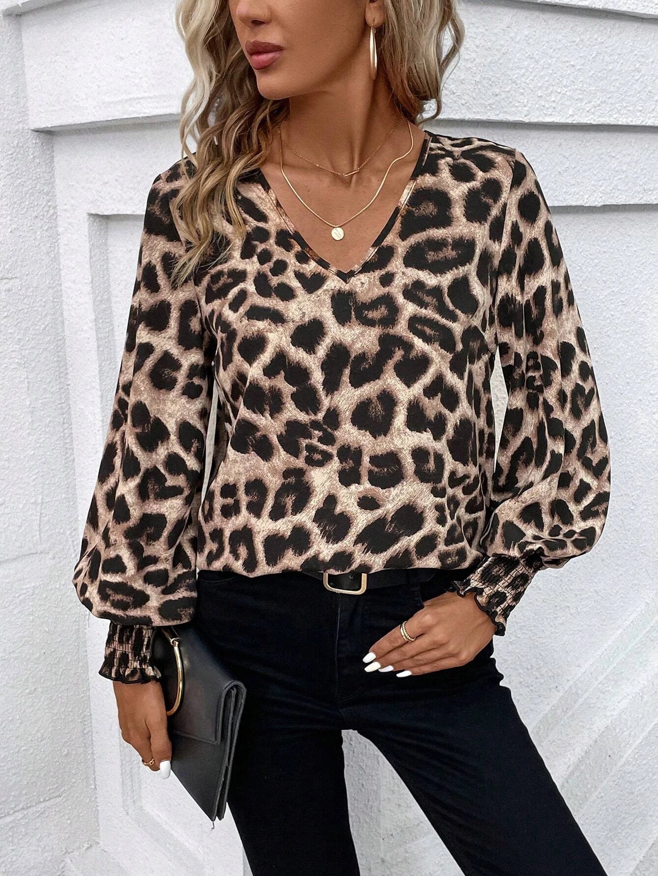 Mia Muse Women's Blouses Autumn Winter Simple Fitting Slim Leopard Long Sleeve V-Neck High Street Blouses