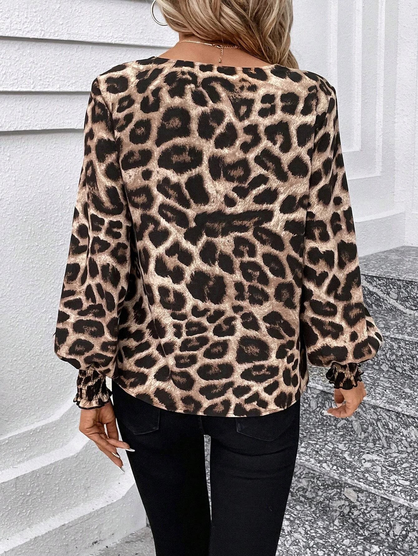 Mia Muse Women's Blouses Autumn Winter Simple Fitting Slim Leopard Long Sleeve V-Neck High Street Blouses