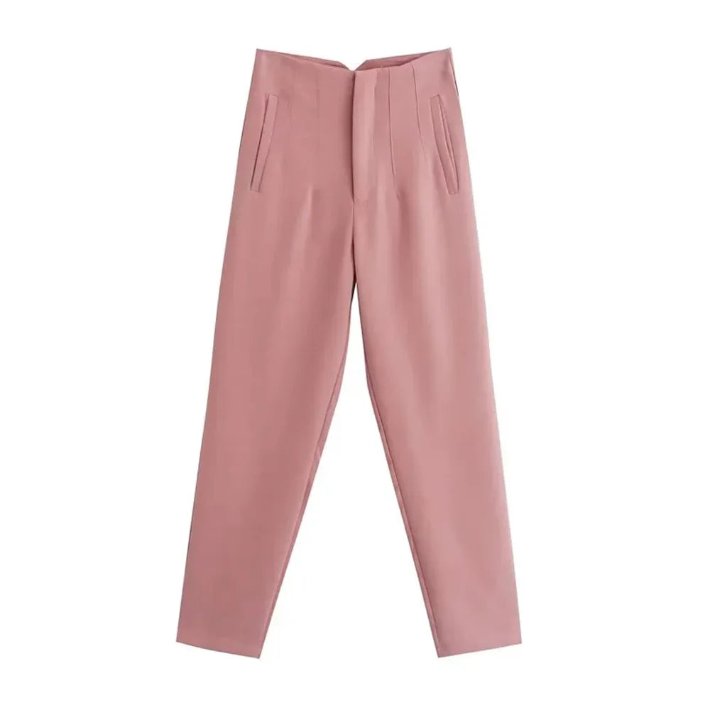 TRZA High Waist Solid Pants for Women Casual Basic Ankle Trousers with Pockets Zipper Fly Office Wear Pants Pantalones Mujer