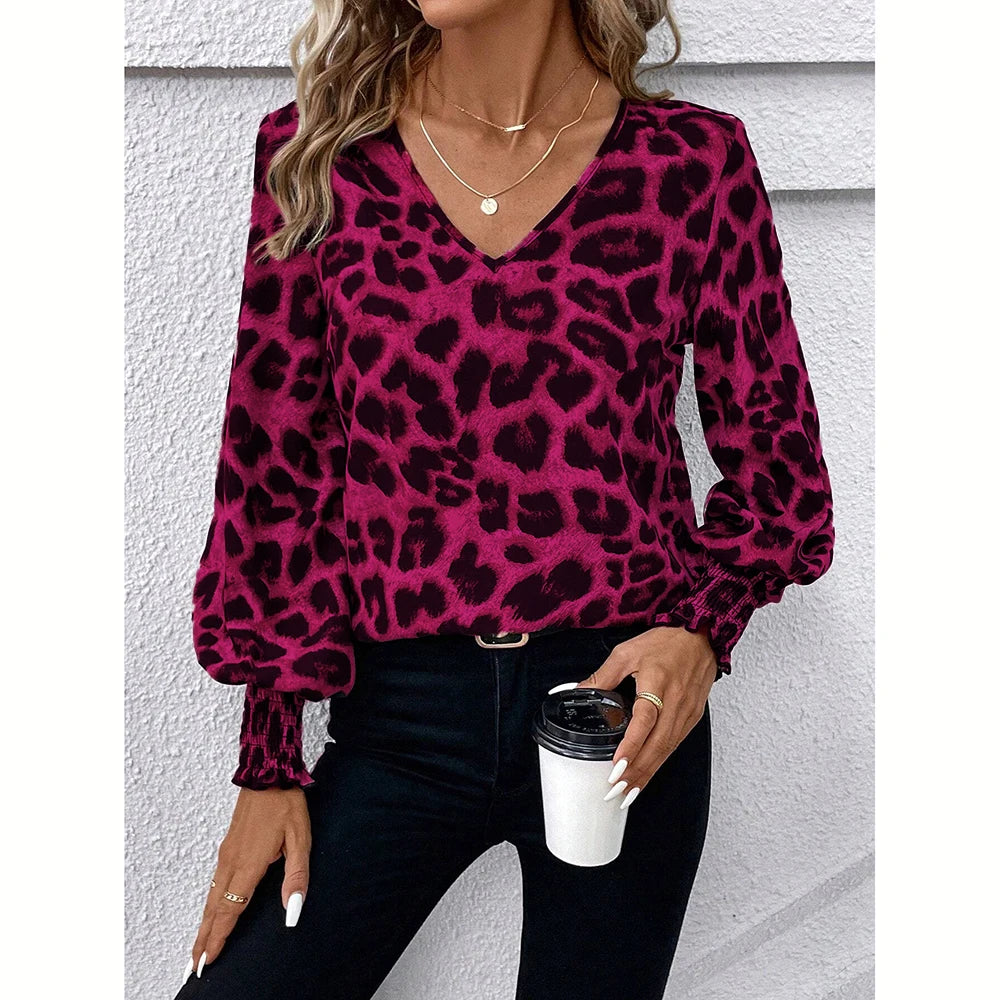 Mia Muse Women's Blouses Autumn Winter Simple Fitting Slim Leopard Long Sleeve V-Neck High Street Blouses