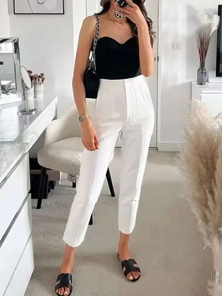 TRZA High Waist Solid Pants for Women Casual Basic Ankle Trousers with Pockets Zipper Fly Office Wear Pants Pantalones Mujer