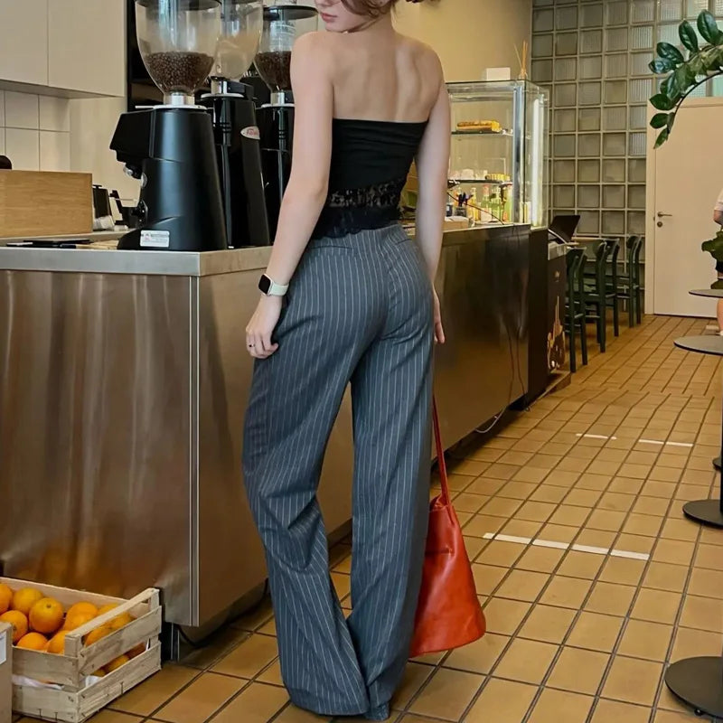 TRAF Women's Formal Pants Office Wear Women Striped Grey Black Pants Woman High Waist Baggy Suit Pants Casual Wide Leg Trousers