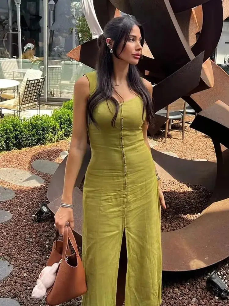 2025 Summer Elegant Dress Women Fashion Solid Square Collar Sleeveless Single Breasted Dress Ladies Vacation Green Spilt Dresses