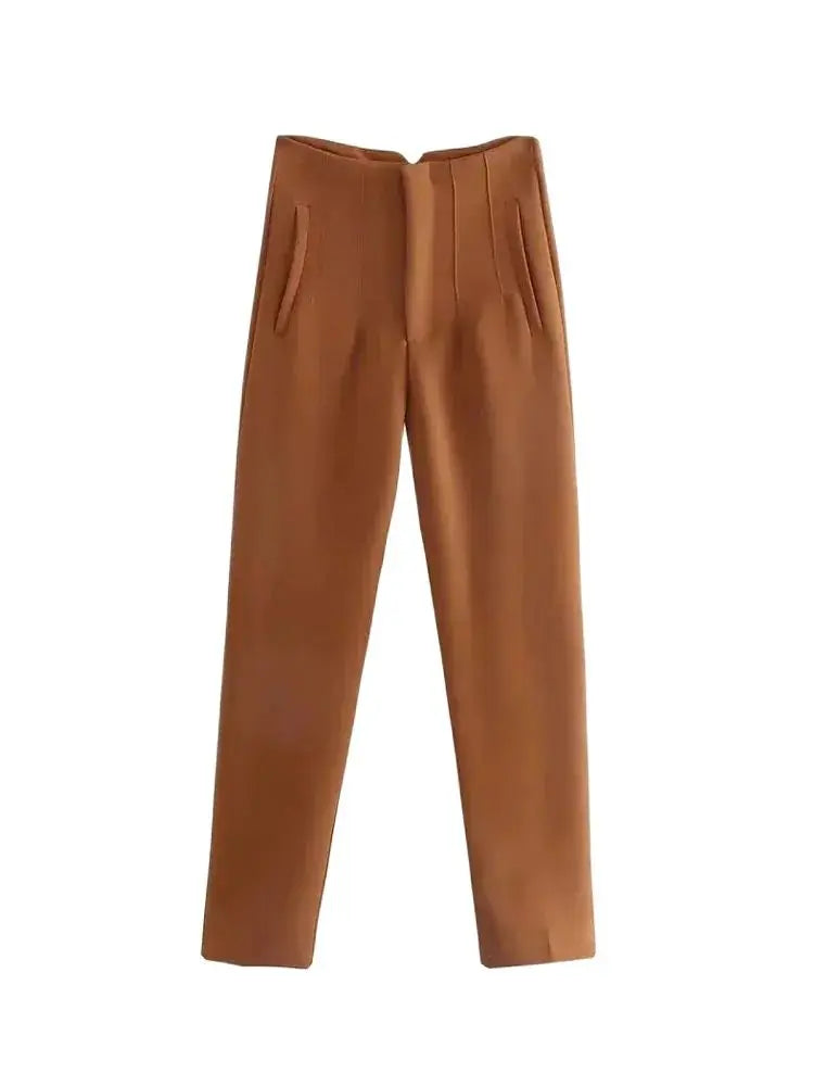 TRZA High Waist Solid Pants for Women Casual Basic Ankle Trousers with Pockets Zipper Fly Office Wear Pants Pantalones Mujer