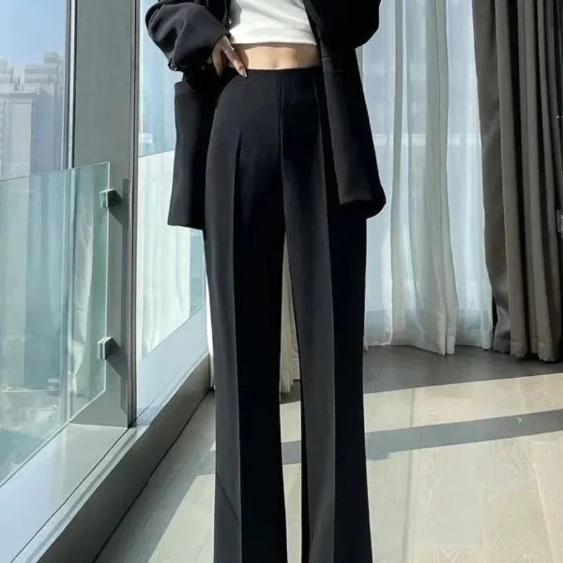 Women Summer New High Waist Suit Pants Commuter Fashion Generous Drop Feeling Zipper Thin and Versatile Casual Long Flared Pants