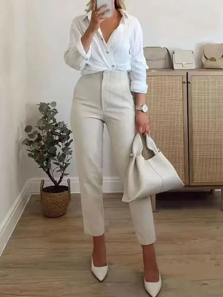 TRZA High Waist Solid Pants for Women Casual Basic Ankle Trousers with Pockets Zipper Fly Office Wear Pants Pantalones Mujer