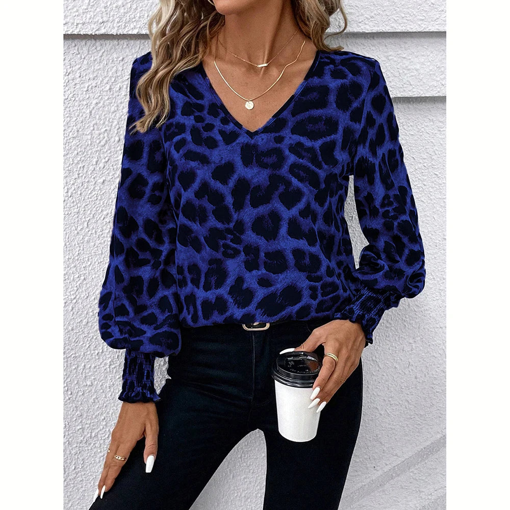 Mia Muse Women's Blouses Autumn Winter Simple Fitting Slim Leopard Long Sleeve V-Neck High Street Blouses