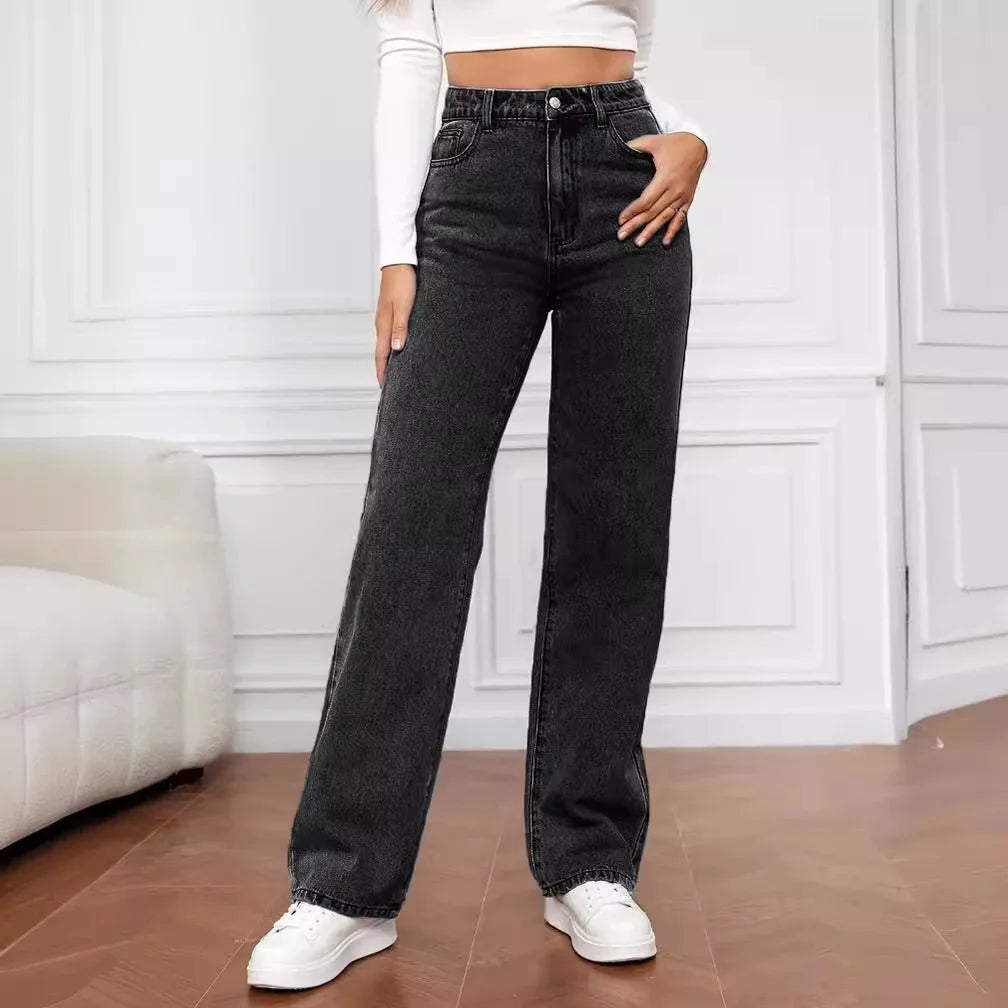 Women's Hot Sale High Waist Stretch Washed Denim Fashionable Straight Jeans Women's Pants women jeans black pants woman clothing