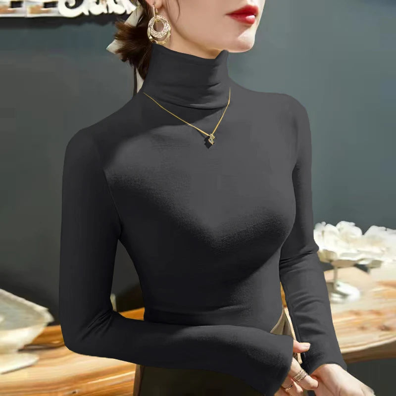 2025 Fashion Autumn Winter Female Turtleneck Fleece Stretch Shirt Women Long Sleeve T-shirt Warm Basic Pullover Bottoming Tops