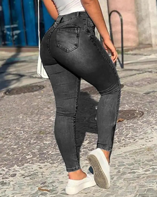 Women's Denim Pants 2025 Summer New Fashion Solid Color Buttoned Pocket Zipper Design High Waist Casual Daily Skinny Jeans
