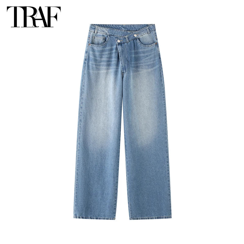 TRAF 2025 Women's Jeans Blue Baggy Jeans for Women High Waist Mom Jeans Woman Wide Leg Denim Pants Woman Jeans Summer Trousers