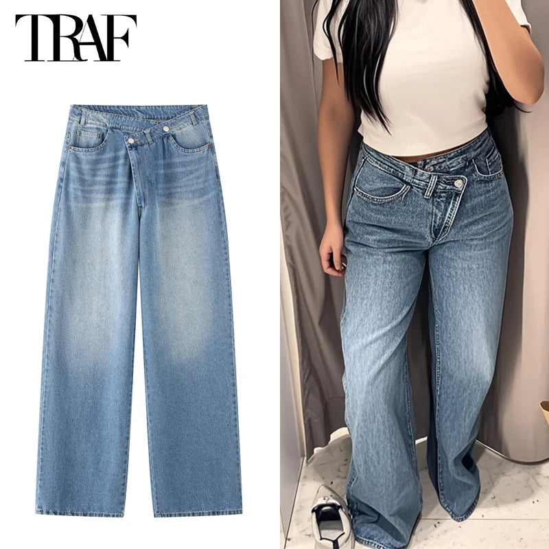 TRAF 2025 Women's Jeans Blue Baggy Jeans for Women High Waist Mom Jeans Woman Wide Leg Denim Pants Woman Jeans Summer Trousers