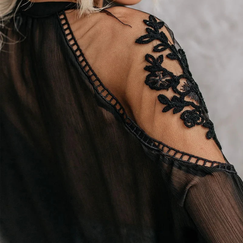 Summer Solid Color Chiffon Sexy Plus Size Shirts Loose V-neck Lace Hollow Out Embroidery Blouses Korean Fashion Women Clothing