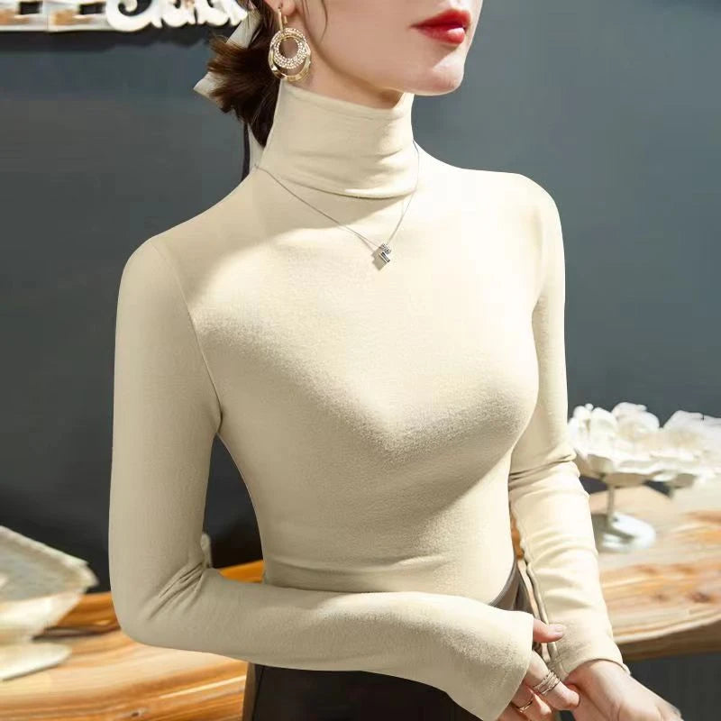 2025 Fashion Autumn Winter Female Turtleneck Fleece Stretch Shirt Women Long Sleeve T-shirt Warm Basic Pullover Bottoming Tops