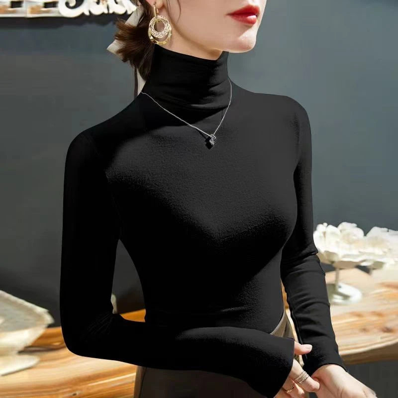 2025 Fashion Autumn Winter Female Turtleneck Fleece Stretch Shirt Women Long Sleeve T-shirt Warm Basic Pullover Bottoming Tops