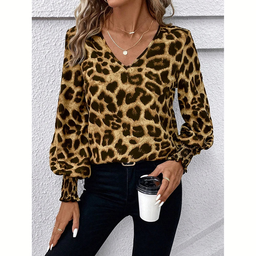 Mia Muse Women's Blouses Autumn Winter Simple Fitting Slim Leopard Long Sleeve V-Neck High Street Blouses